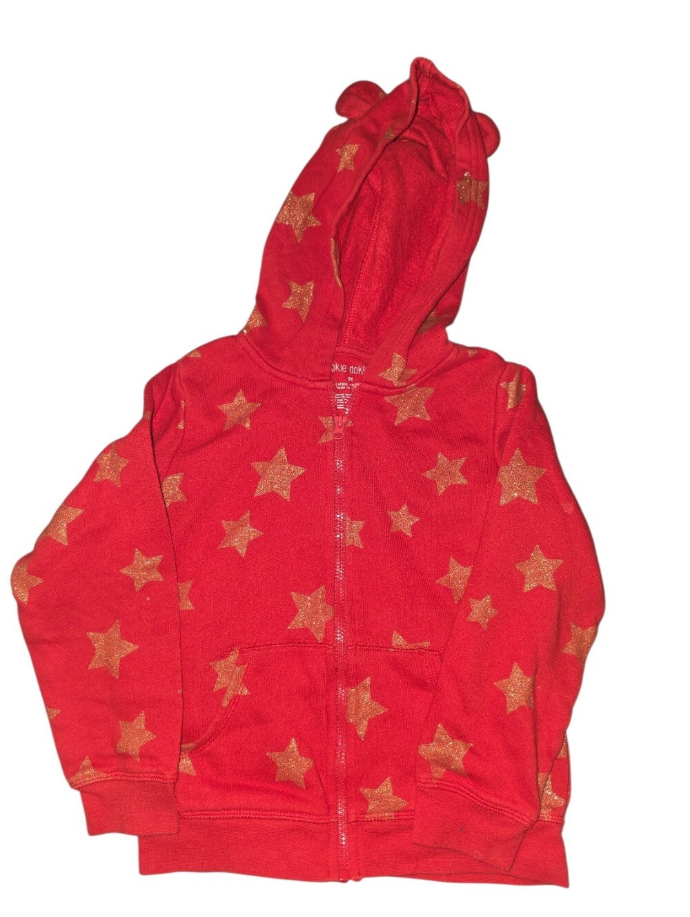 9/8/47. Girls okie dokie Red Zip-Up Hoodie with Gold Star Print